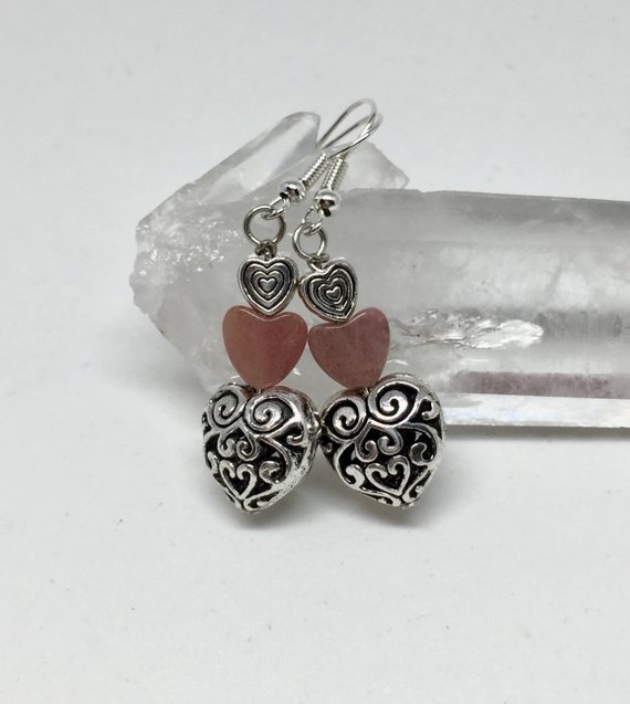 Rhodonite Silver Filigree Heart Earrings, Pink Stone Jewelry, Gemstone Drop Earrings