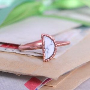Shop Howlite Rings! WHITE HOWLITE ring size US, quarter moon ring, made to order, marble jewelry, copper electroformed, midi ring, waning waxing crescent moon | Natural genuine Howlite rings, simple unique handcrafted gemstone rings. #rings #jewelry #shopping #gift #handmade #fashion #style #affiliate #ad