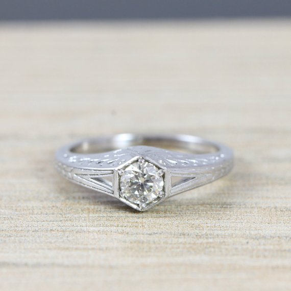 White Sapphire Engagement Ring Art Nouveau 1900's Inspired Band 14k Unique Ring For Her