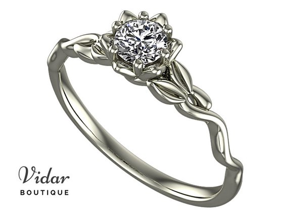 White Sapphire Engagement Ring, Flower Engagement Ring, Diamond Engagement Ring, Solitaire Engagement Ring, Lotus Leaf Ring, Floral Ring,