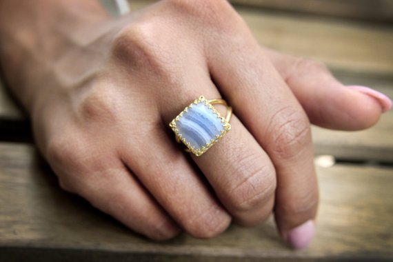 Gold Ring · Square Ring · Lace Agate Ring · Vintage Ring · Gemstone Ring · Bridesmaid Gifts · Birthday Gift · Semiprecious Ring