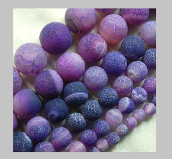 Natural Matte Frosted Purple Fire Crackle Agate Beads, 4mm 6mm 8mm 10mm 12mm 14mm 16mm Stone Round Jewelry Gemstone Beads Jewelry Making