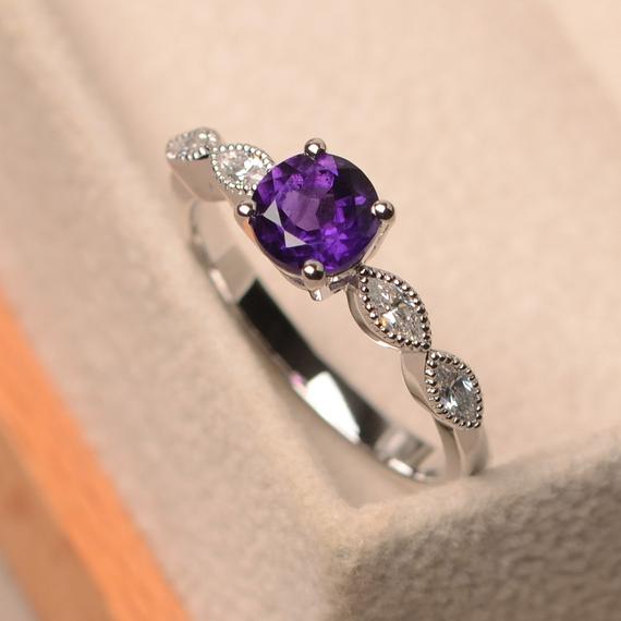 Amethyst Ring, February Birthstone Ring, Engagement  Ring,marquise Shape Shank, Silver Proposal Ring