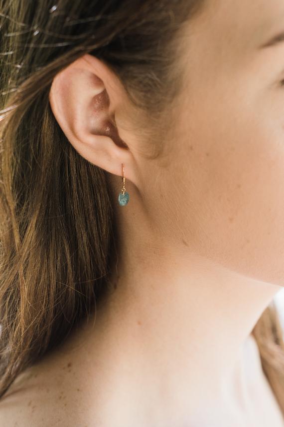 Raw Blue Apatite Crystal Dangle Drop Earrings In Gold, Silver, Bronze, Or Rose Gold - Rough Gemstone Earrings