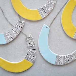 Bib necklace, yellow ceramic jewellery, light blue geometric necklace, statement jewelry for summer, gift for daughter |  #affiliate