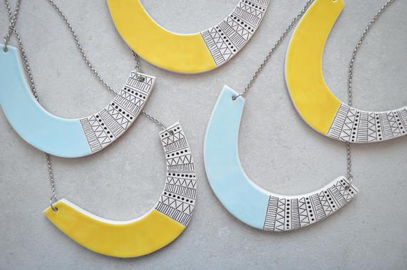 Yellow Ceramic Bib Necklace, Geometric Summer Statement Jewelry