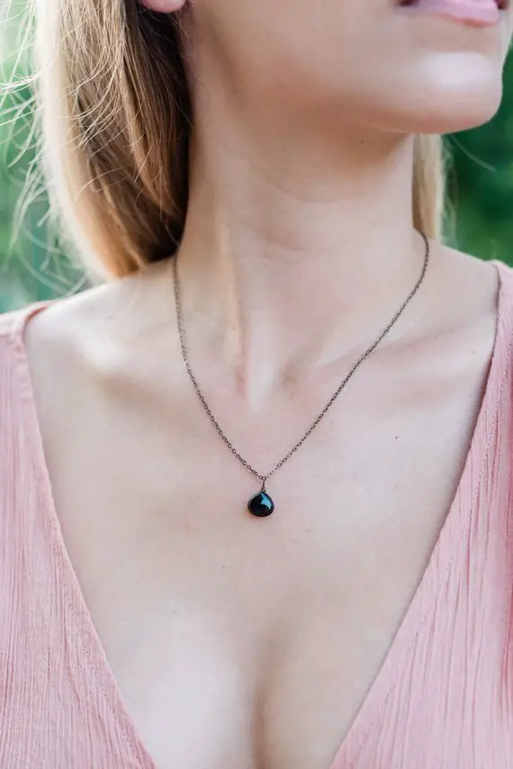 Black Tourmaline Necklace. Tiny Tourmaline Necklace. Small Tourmaline Teardrop Necklace. Genuine Tourmaline. October Birthstone Necklace