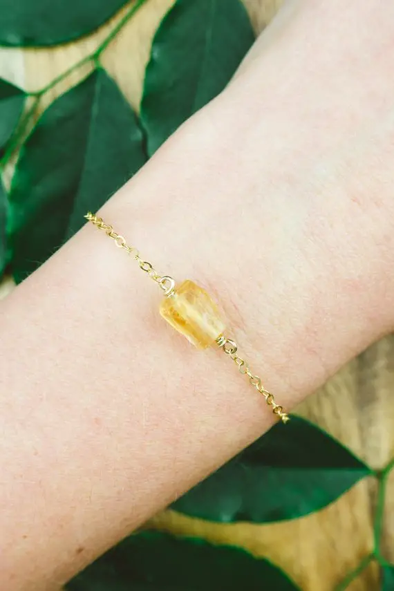 Raw Yellow Citrine Crystal Bracelet In Gold, Silver, Bronze, Or Rose Gold - 6" Chain With 2" Adjustable Extender - November Birthstone