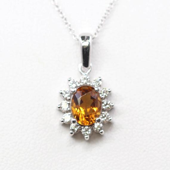 14k Citrine Diamond Sunflower Necklace / Orange Citrine Necklace / Diamond Necklace / Citrine Pendant / Everyday Necklace / Yellow Gold