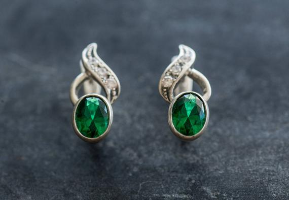Emerald Earrings, Created Emerald, Vintage Earrings, Vintage Emerald Earrings, Green Emerald, Antique Earrings, Silver Earrings, Emerald