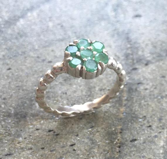 Green Emerald Ring, Emerald Flower Ring, Natural Emerald Ring, Vintage Emerald Ring, May Birthstone, Silver Flower Ring, Adina Stone