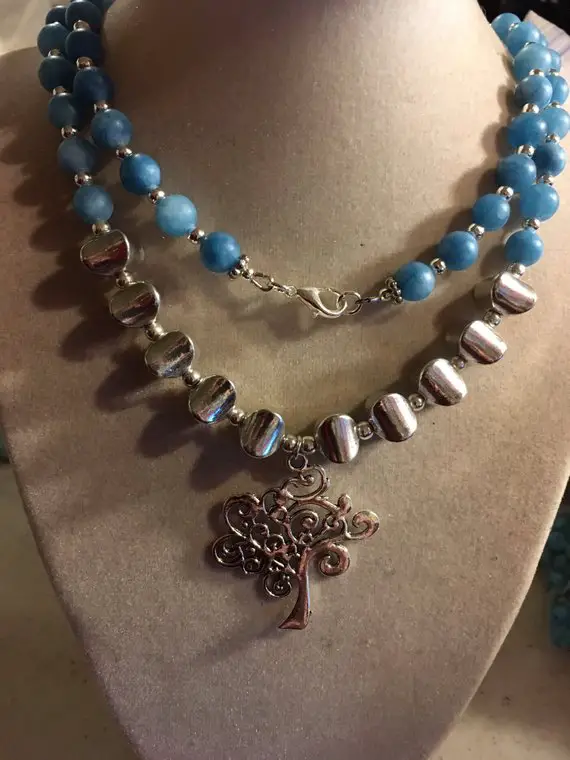 Blue Necklace - Silver Jewelry - Long Jade Gemstone Jewellery - Tree Pendant - Fashion