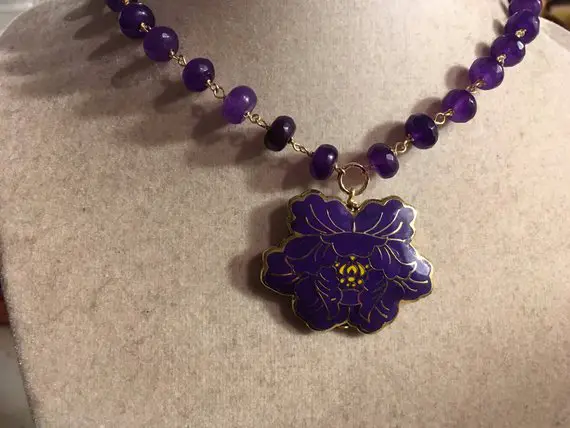Purple Necklace - Cloisonne Flower Pendant - Chunky Jewelry - Statement - Gold Jewellery - Jade Gemstone - Handmade - Gift - Carmal