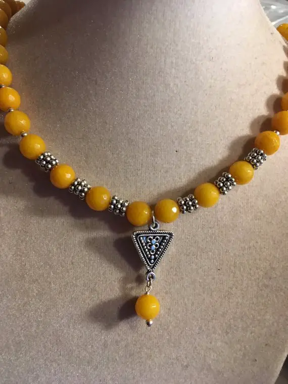 Yellow Necklace - Jade Gemstone Jewellery - Silver Jewelry - Pendant - Beaded - Southwestern - Mustard Yellow