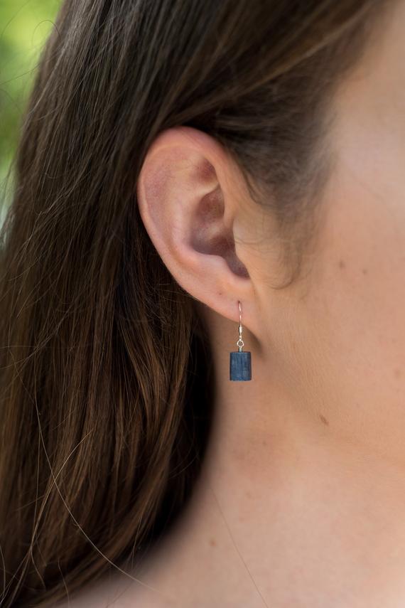 Raw Blue Kyanite Crystal Dangle Drop Earrings In Gold, Silver, Bronze, Or Rose Gold - Rough Gemstone Earrings