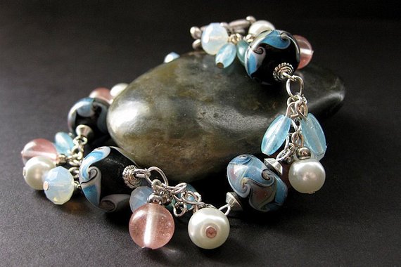 Lampwork Charm Bracelet In Baby Blue, Pink Cherry Quartz And Pearl. Handmade Jewelry.
