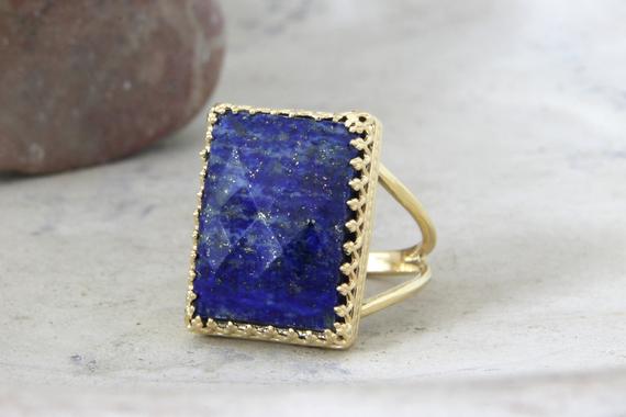 Lapis Ring · September Birthstone Ring · Gold Ring · Gemstone Ring · Navy Blue Ring · Bridal Ring · Rectangle Ring · Stone Ring