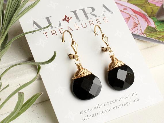 Black Onyx Gold Filled Earrings Wire Wrapped Natural Gemstone Simple Minimalist Dangle Drops Healing Protection Holiday Gift For Her 4947