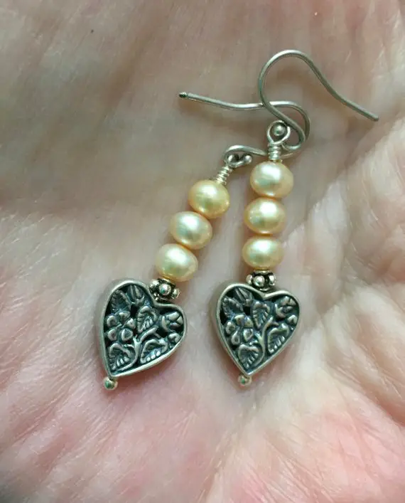 Silver Heart Earrings, Pearl Earrings, Silver Heart Pearl Earrings, Freshwater Pearl Earrings, Love Earrings, Boho Earrings, Engraved Hearts