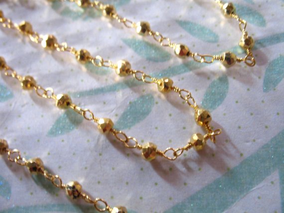 Pyrite Rosary Chain, Wire Wrapped Rondelle Chain, Gold Plated, 10-50 Feet, Wholesale Gemstone Chain Rc.16