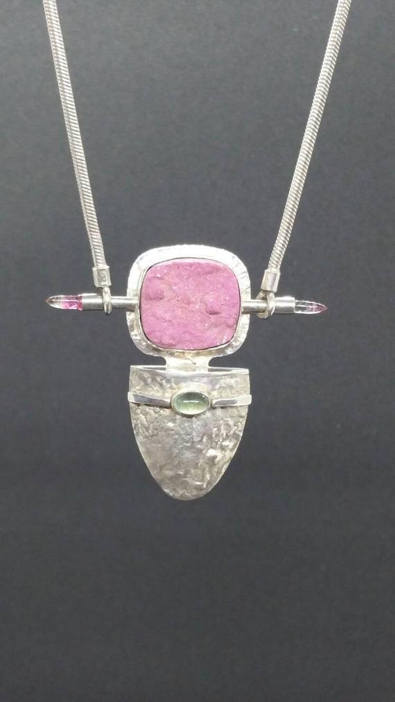 Reticulated Sterling Silver, Cobalto Calcite, Pink Druzy,  Tourmaline Tongue Shaped Necklace Ooak Oneofakind
