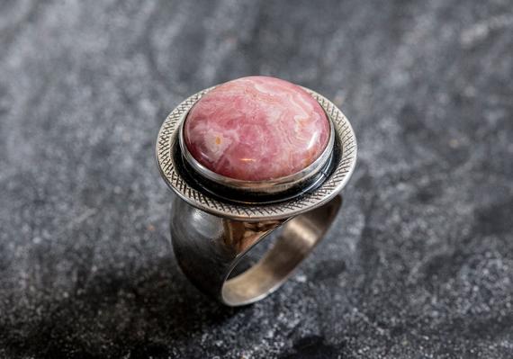 Rhodochrosite Ring, Natural Rhodochrosite Ring, Pink Statement Ring, Pink Vintage Ring, February Birthstone, Solid Silver Ring, Adina Stone