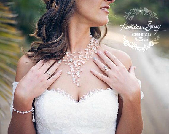 Rose Gold Bridal Necklace Floral Leaf Detailing Wedding Neckpiece Statement Jewelry - Finish Options Available Style: Nicole