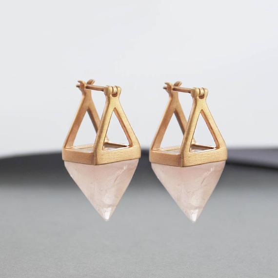 Rose Gold Gemstone Geometric Earrings-rose Quartz Earrings-pink Gemstone Earrings-stylish Earrings-small Rose Gold Earrings-embersjewelry