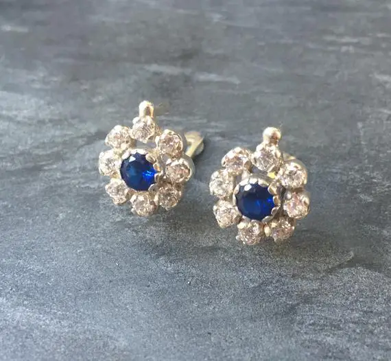 Vintage Earrings, Flower Earrings, Sapphire Earrings, Created Sapphire, Cz Diamonds, 4 Carats, Blue Sapphire, Solid Silver, Pure Silver