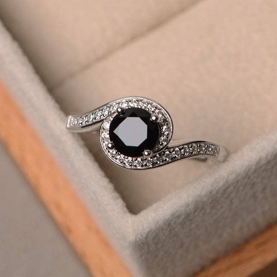 Natural Black Spinel Ring, Promise Ring, Sterling Silver Ring, Black Gemstone Ring, Round Cut Spinel Ring