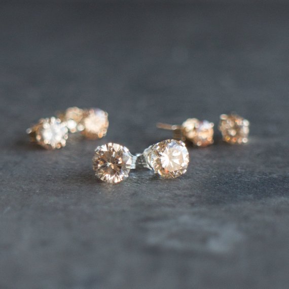 Cz Champagne Diamond Earrings Studs Gold & Silver, Topaz Stud Earrings, Cubic Zirconia Studs, Bridesmaid Gifts For Women