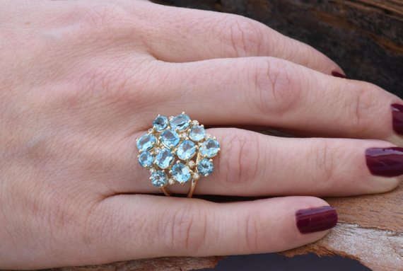 Blue Topaz Ring-gold Ring-anniversary Ring-natural Blue Topaz-gold Statement Ring-blue Topaz Engagement Ring-art Deco Ring-multistone Rings