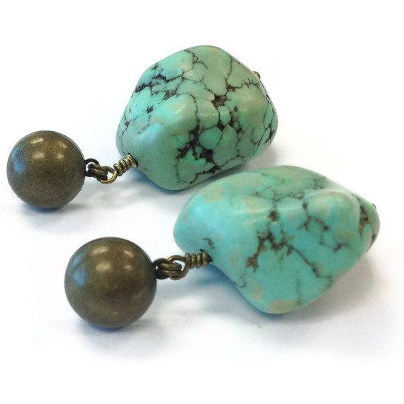 Turquoise Earrings - Southwestern Brass Jewelry - Modern - Tribal - Summer - Fashion Jewellery - Chunky Gemstone Er-177 178