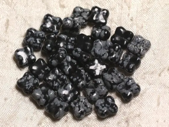 2pc - Perles De Pierre - Obsidienne Flocon Trèfle Fleur 9-10mm   4558550003805