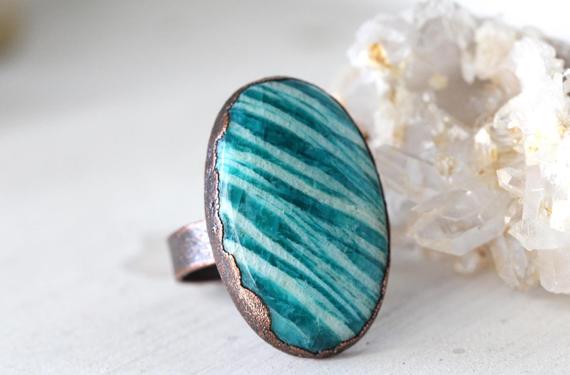 Amazonite Ring - Size 9 1/2 - Large Oval Cabochon - Bright Blue Stone - Natural Stone Ring