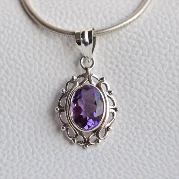 Natural Amethyst 925 Sterling Silver Handmade Pendant, Designer Oval Amethyst Pendant, Gift For Friends, Anniversary Pendant