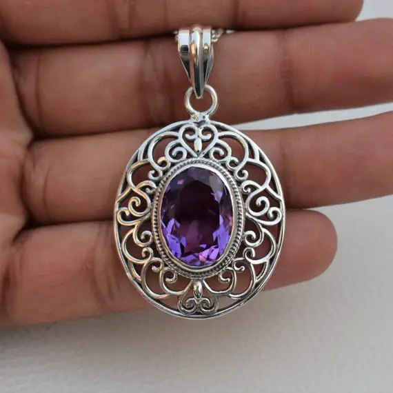 Natural Amethyst Pendant, Handmade Silver Pendant, 925 Sterling Silver Pendant, Oval Amethyst Designer Pendant, Anniversary Pendant