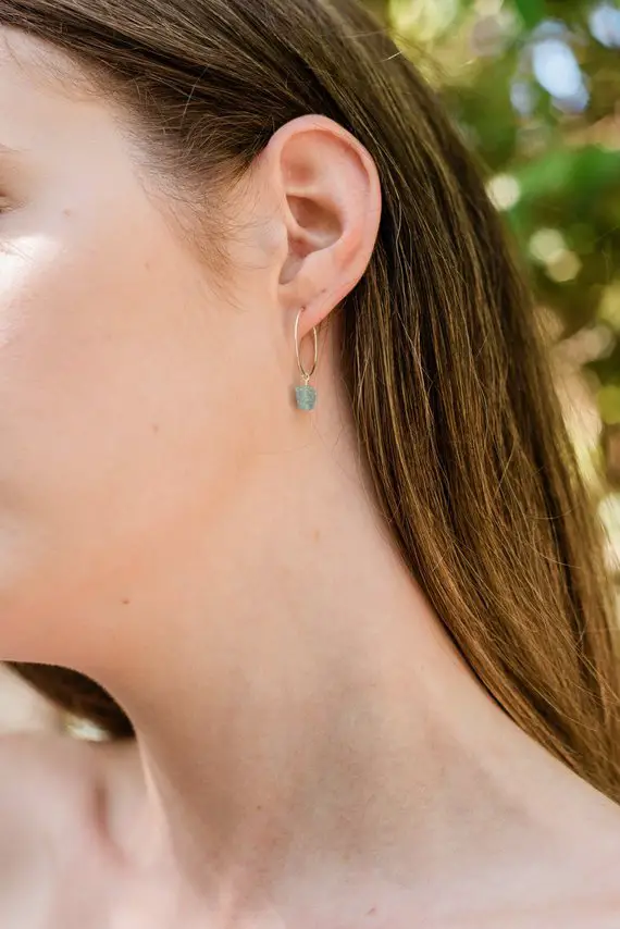 Neon Blue Apatite Raw Crystal Hoop Earrings In Gold, Silver, Bronze, Or Rose Gold - Natural Aqua Crystal Hoop Earrings