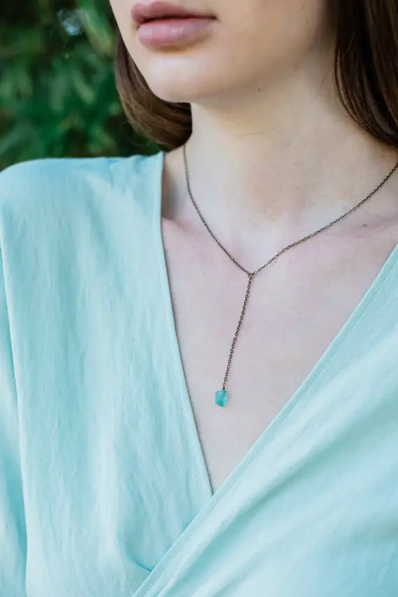 Rough Neon Aqua Blue Apatite Crystal Lariat Necklace In Gold, Silver, Bronze Or Rose Gold. Adjustable 16" Long With 2-inch Long Extender