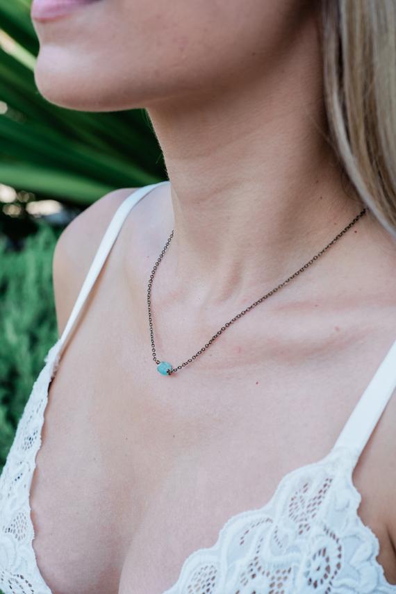 Small Raw Neon Aqua Blue Apatite Crystal Nugget Necklace In Gold, Silver, Bronze Or Rose Gold - 16" Chain With 2" Adjustable Extender