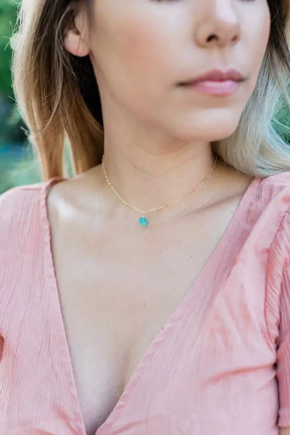 Tiny Raw Aqua Blue Apatite Gemstone Pendant Choker Necklace In Gold, Silver, Bronze Or Rose Gold. Adjustable Length. Handmade To Order.