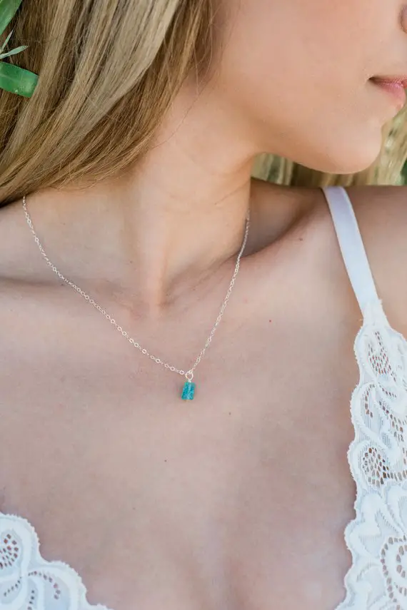 Tiny Raw Neon Aqua Blue Apatite Gemstone Pendant Necklace In Gold, Silver, Bronze Or Rose Gold - 16" Chain With 2" Adjustable Extender