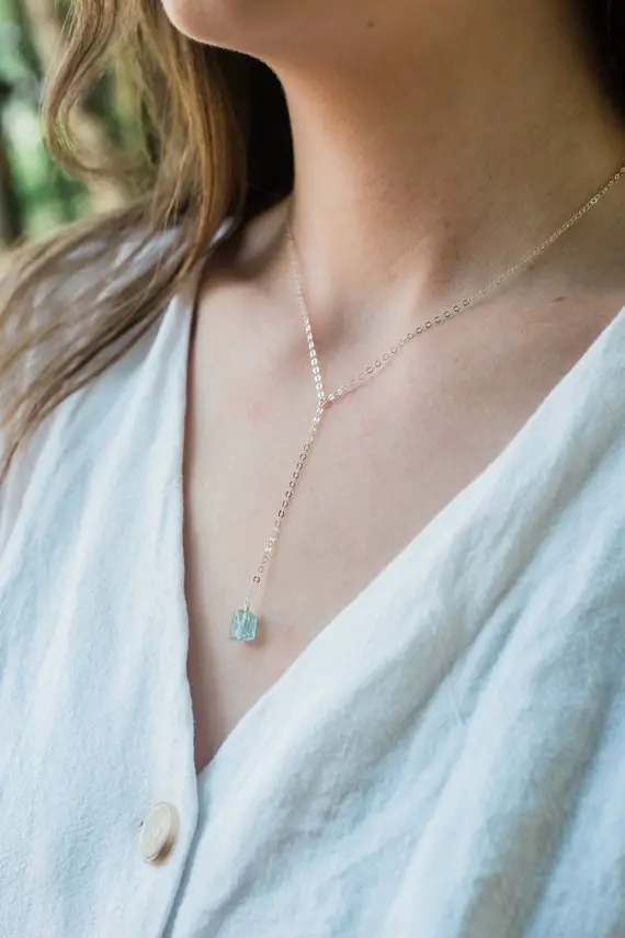 Rough Blue Aquamarine Crystal Lariat Necklace In Gold, Silver, Bronze Or Rose Gold. Adjustable 16-18" Length. March Birthstone Necklace