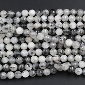Faceted Black Tourmaline Rutilated Rutile Quartz Round Beads 6mm 8mm 10mm 12mm 14mm 16mm 15.5" Strand | Natural genuine faceted Black Tourmaline beads for beading and jewelry making.  #jewelry #beads #beadedjewelry #diyjewelry #jewelrymaking #beadstore #beading #affiliate #ad