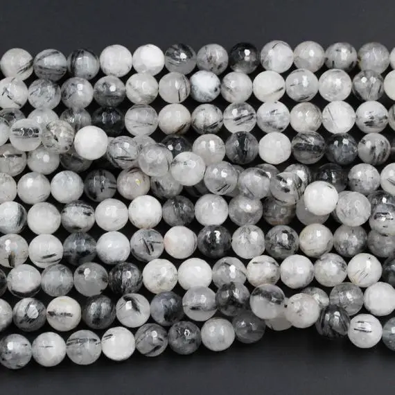 Faceted Black Tourmaline Rutilated Rutile Quartz Round Beads 6mm 8mm 10mm 12mm 14mm 16mm 15.5" Strand