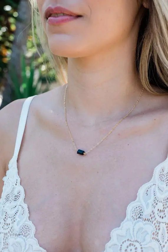 Small Raw Black Tourmaline Crystal Nugget Necklace In Gold, Silver, Bronze Or Rose Gold - October Birthstone Necklace