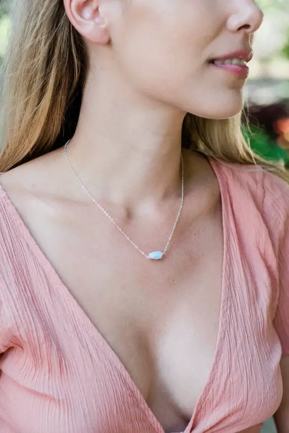 Small Raw Blue Lace Agate Crystal Nugget Necklace In Gold, Silver, Bronze Or Rose Gold - 16" Chain With 2" Adjustable Extender