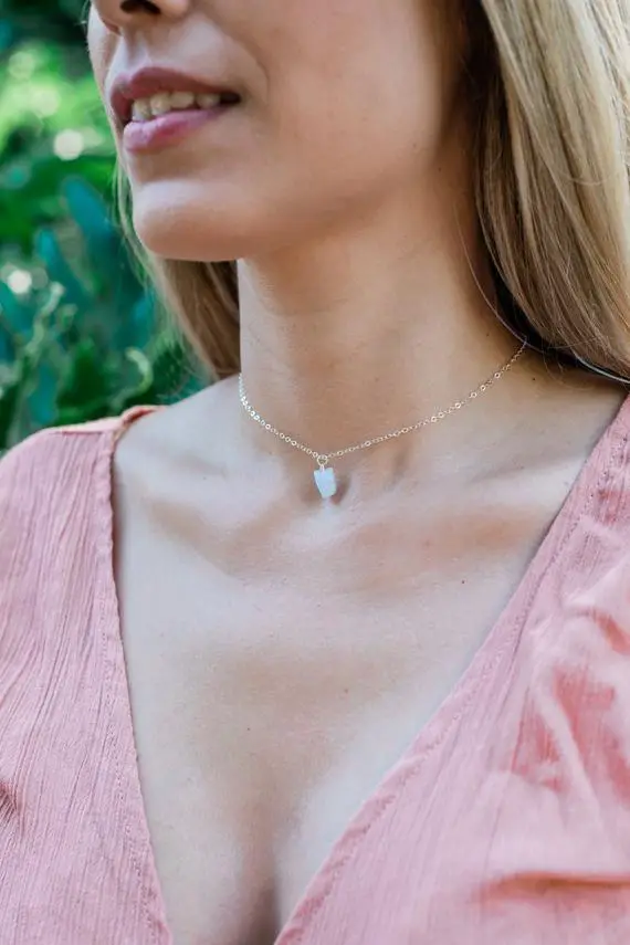 Tiny Raw Blue Lace Agate Gemstone Pendant Choker Necklace In Gold, Silver, Bronze Or Rose Gold. Adjustable. Handmade To Order.