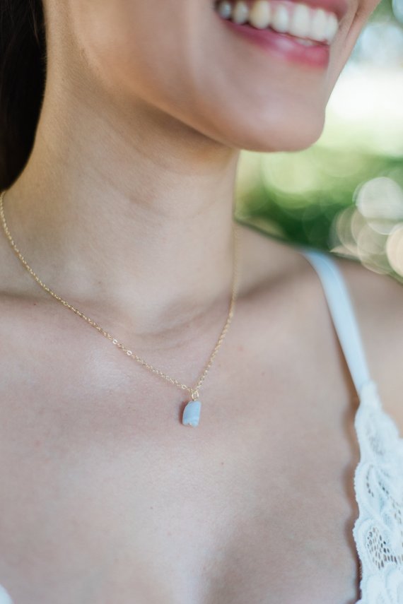 Tiny Raw Blue Lace Agate Gemstone Pendant Necklace In Gold, Silver, Bronze Or Rose Gold - 16" Chain With 2" Adjustable Extender