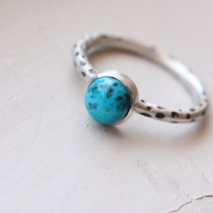 Shop Chrysocolla Rings! Simple Chrysocolla Silver Stacking Ring Blue Green Teal Cabochon Gemstone Oxidized Dotted Pattern Cute Gift Idea For Her – Empyrean Leopard | Natural genuine Chrysocolla rings, simple unique handcrafted gemstone rings. #rings #jewelry #shopping #gift #handmade #fashion #style #affiliate #ad